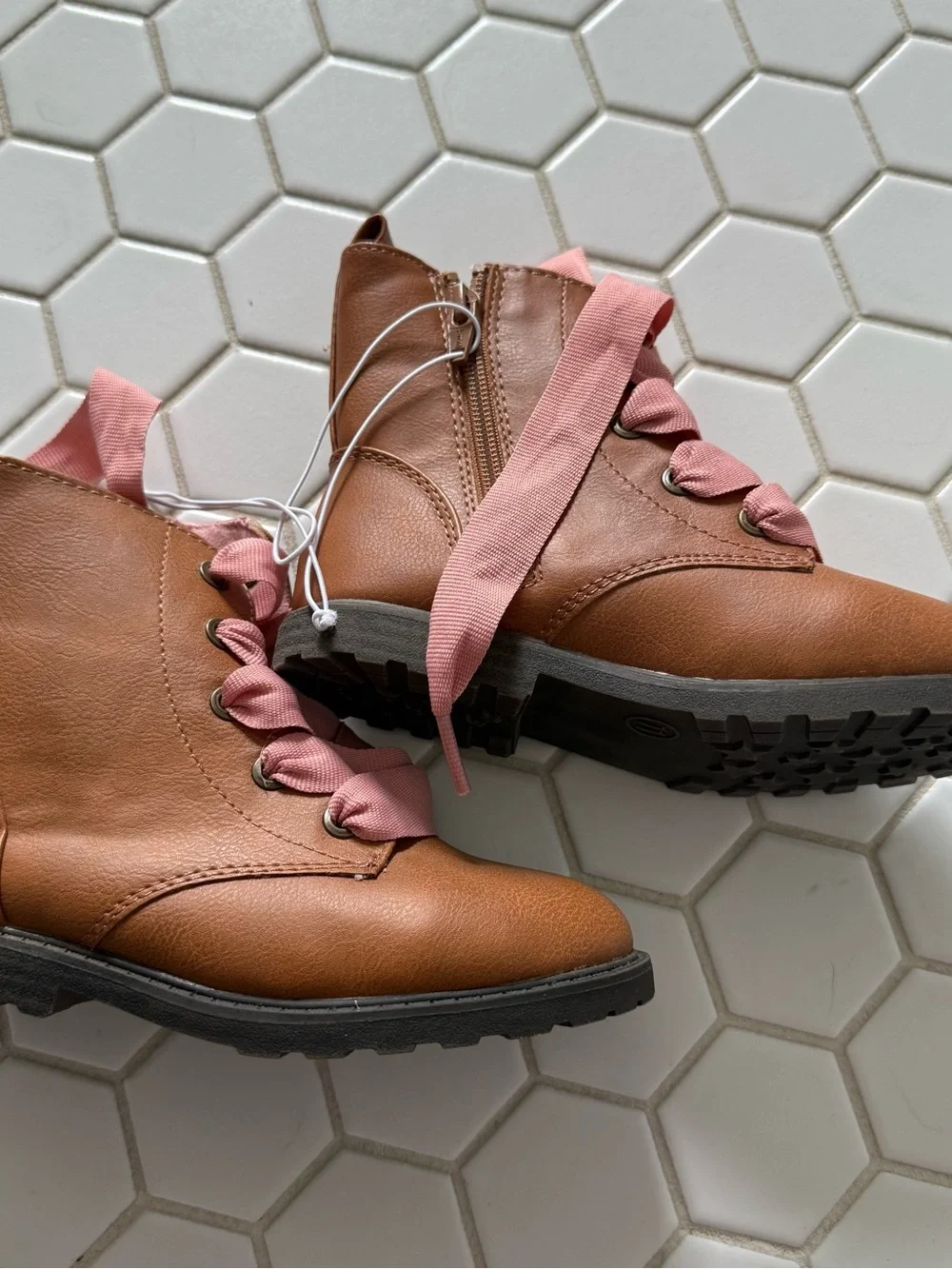 Girls Brown Ankle Boots with Pink Ribbon Laces